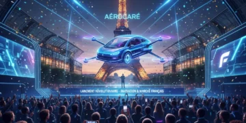 Scène de lancement de produit innovant en France en 2026, avec foule enthousiaste et technologie futuriste.