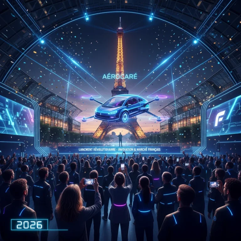 Scène de lancement de produit innovant en France en 2026, avec foule enthousiaste et technologie futuriste.