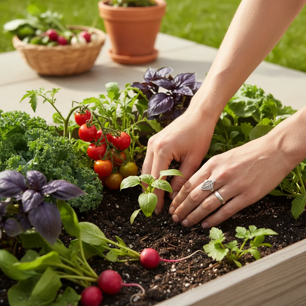 Mains cultivant un potager, symbole de l'autonomie et de la consommation locale dans la décroissance.