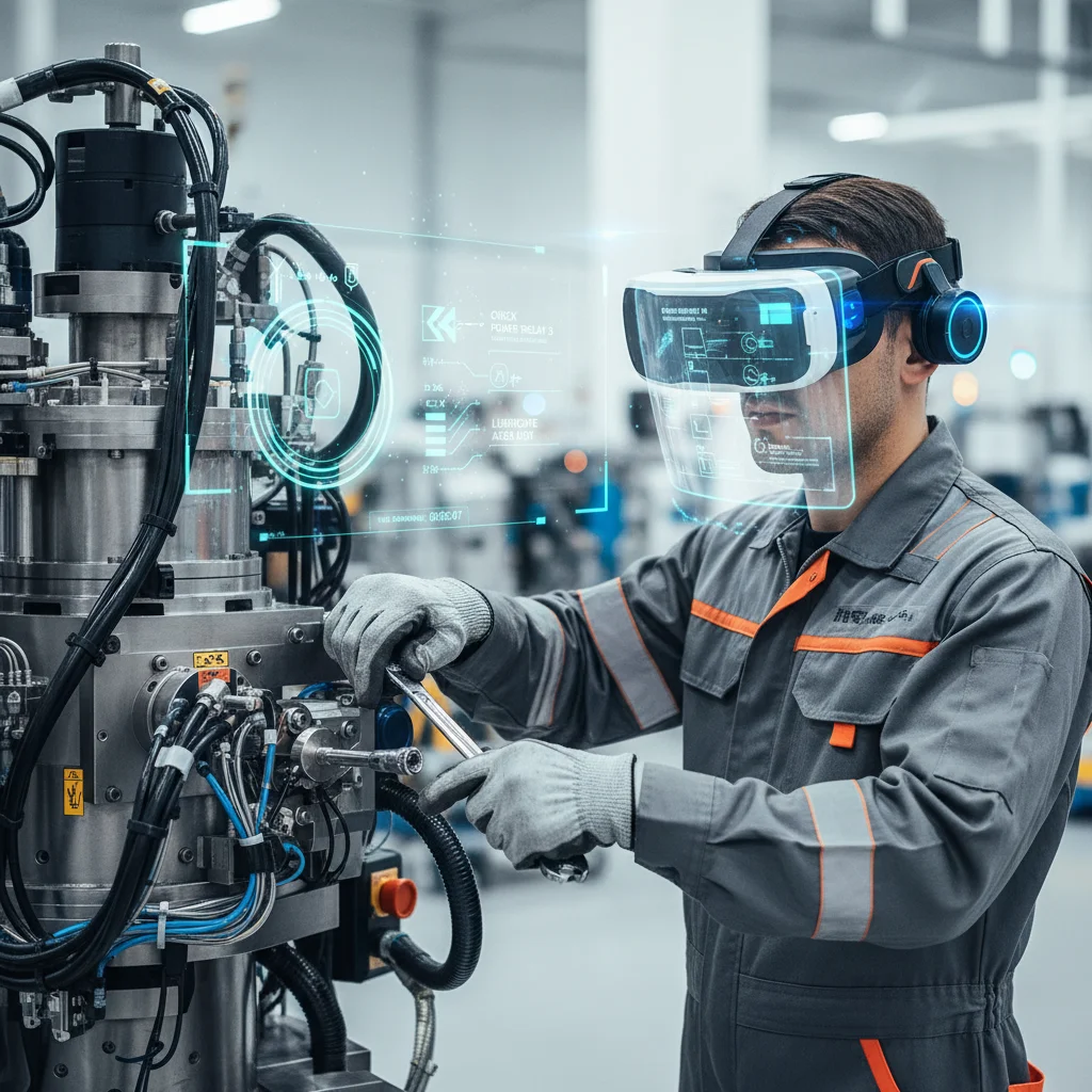 Technicien effectuant une maintenance guidée par la réalité augmentée sur une machine industrielle