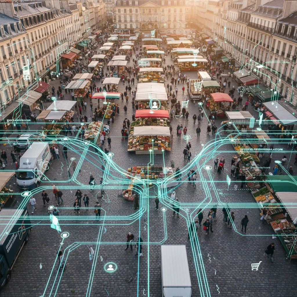 Vue aérienne d'un marché français avec des visualisations de données, représentant la logistique optimisée et la personnalisation par l'IA.