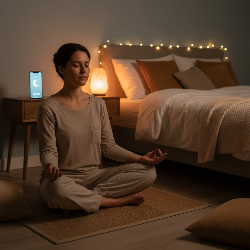Personne méditant ou faisant des étirements doux dans une pièce tamisée, préparant son corps et son esprit au sommeil.