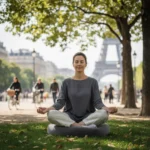 Femme méditant paisiblement dans un parc urbain français, entourée de la vie citadine animée, symbolisant la pleine conscience en milieu urbain.