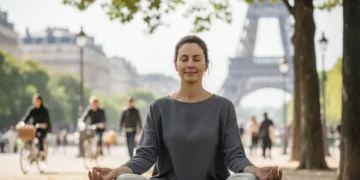 Femme méditant paisiblement dans un parc urbain français, entourée de la vie citadine animée, symbolisant la pleine conscience en milieu urbain.