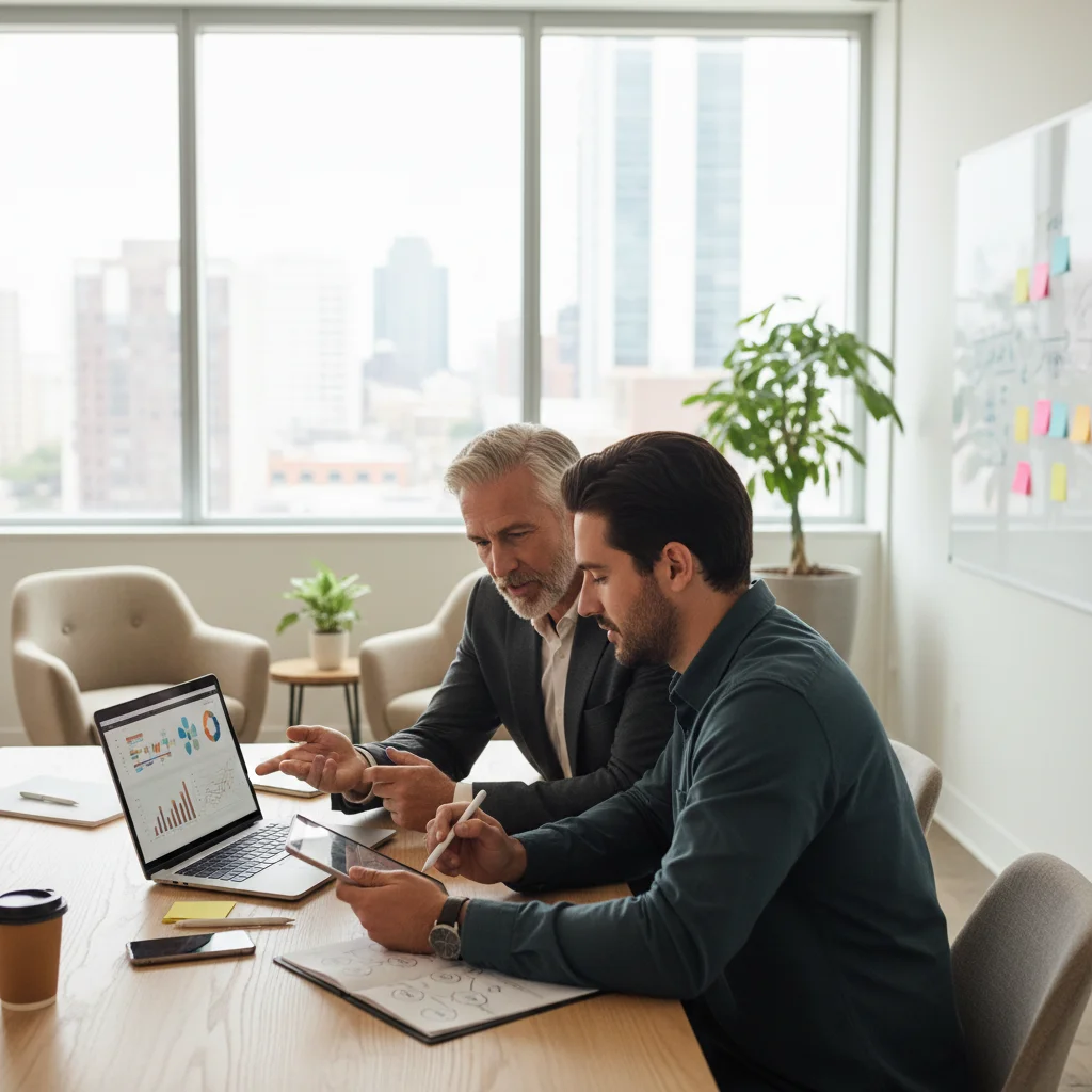 Mentor expérimenté conseillant un jeune fondateur de startup sur la stratégie, illustrant l'accompagnement personnalisé en incubateur.