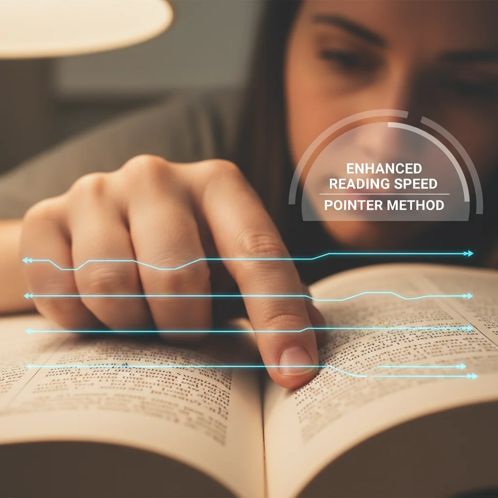 Une personne utilisant un guide visuel pour la lecture rapide, illustrant la méthode du pointeur pour une meilleure concentration.