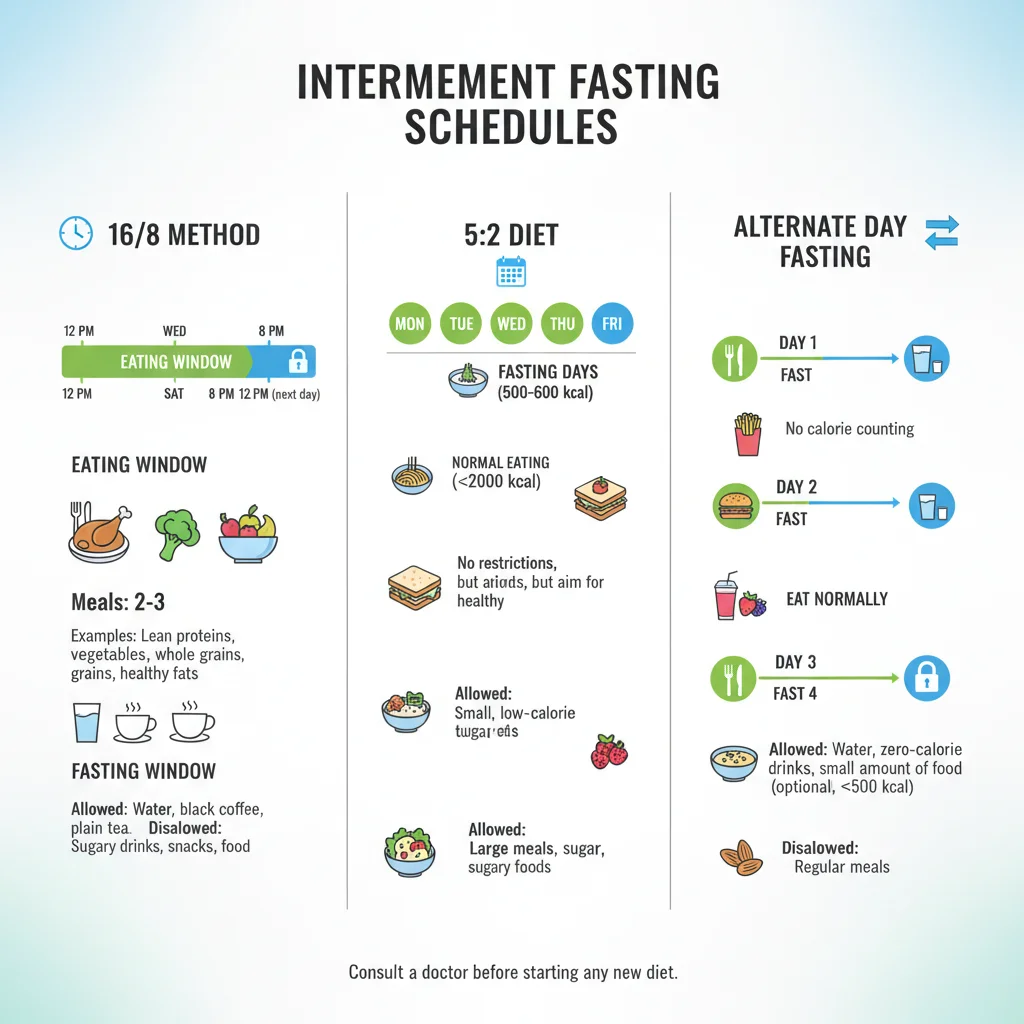 Infographie expliquant les différentes méthodes de jeûne intermittent et leurs horaires.