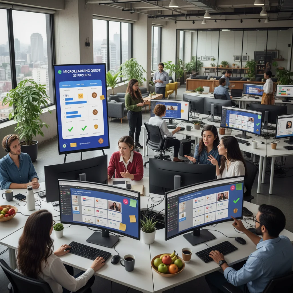 Employés français engagés dans une session de micro-apprentissage en entreprise, favorisant le partage de connaissances.