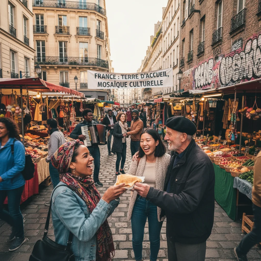 Représentation de la diversité culturelle et de l'intégration des populations migrantes en France.