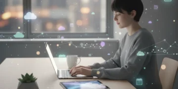 Une personne organisant ses fichiers numériques sur un ordinateur portable dans un environnement de travail minimaliste et serein.
