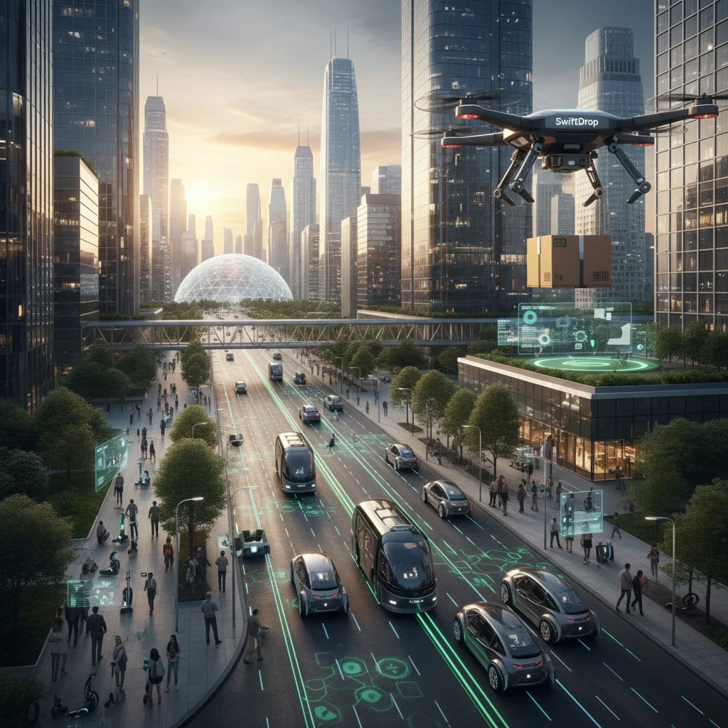 Drones de livraison et véhicules autonomes dans un environnement urbain, illustrant la mobilité intelligente du futur.