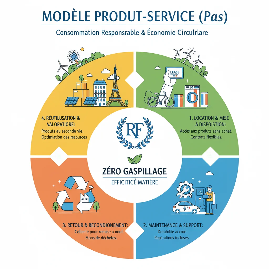 Schéma explicatif du modèle 'Produit en tant que Service' (PaaS) en action, illustrant le cycle de vie du produit et la réduction des déchets.