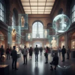 Visiteurs explorant des expositions holographiques dans un musée futuriste grâce à la réalité augmentée en France.
