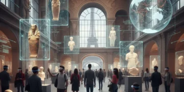 Visiteurs explorant des expositions holographiques dans un musée futuriste grâce à la réalité augmentée en France.