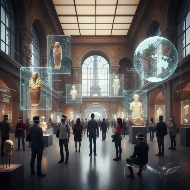 Visiteurs explorant des expositions holographiques dans un musée futuriste grâce à la réalité augmentée en France.