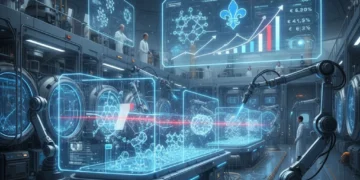 Illustration de nanotechnologies transformant l'industrie française, symbolisant croissance et innovation.