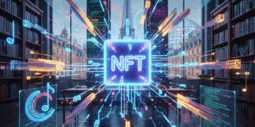 Illustration conceptuelle des NFT et de la propriété intellectuelle en France en 2026, avec des éléments de blockchain et de création artistique.