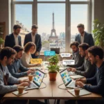 Des Français de tous horizons créant des applications avec des plateformes no-code, symbolisant l'adoption massive en 2026.