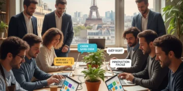 Des Français de tous horizons créant des applications avec des plateformes no-code, symbolisant l'adoption massive en 2026.