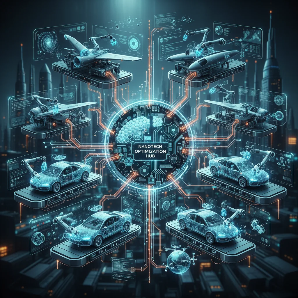 Schéma complexe de chaînes d'approvisionnement optimisées par les nanotechnologies dans l'industrie.
