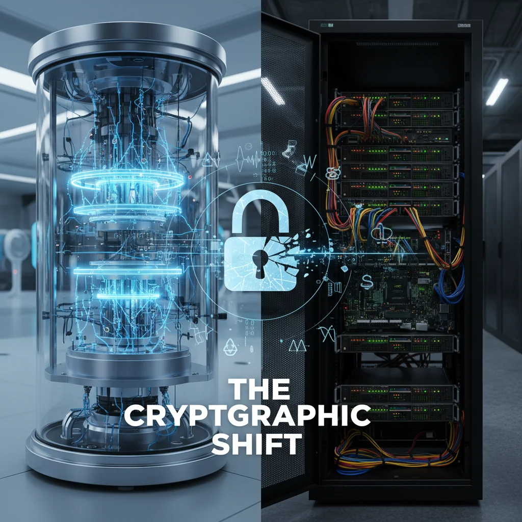 Image futuriste d'un ordinateur quantique défiant la cryptographie traditionnelle, illustrant la menace quantique sur les données.
