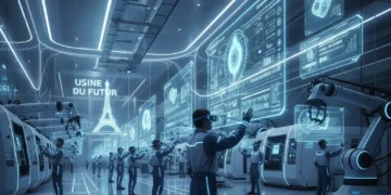 Ouvrier français utilisant un casque de réalité augmentée dans une usine moderne