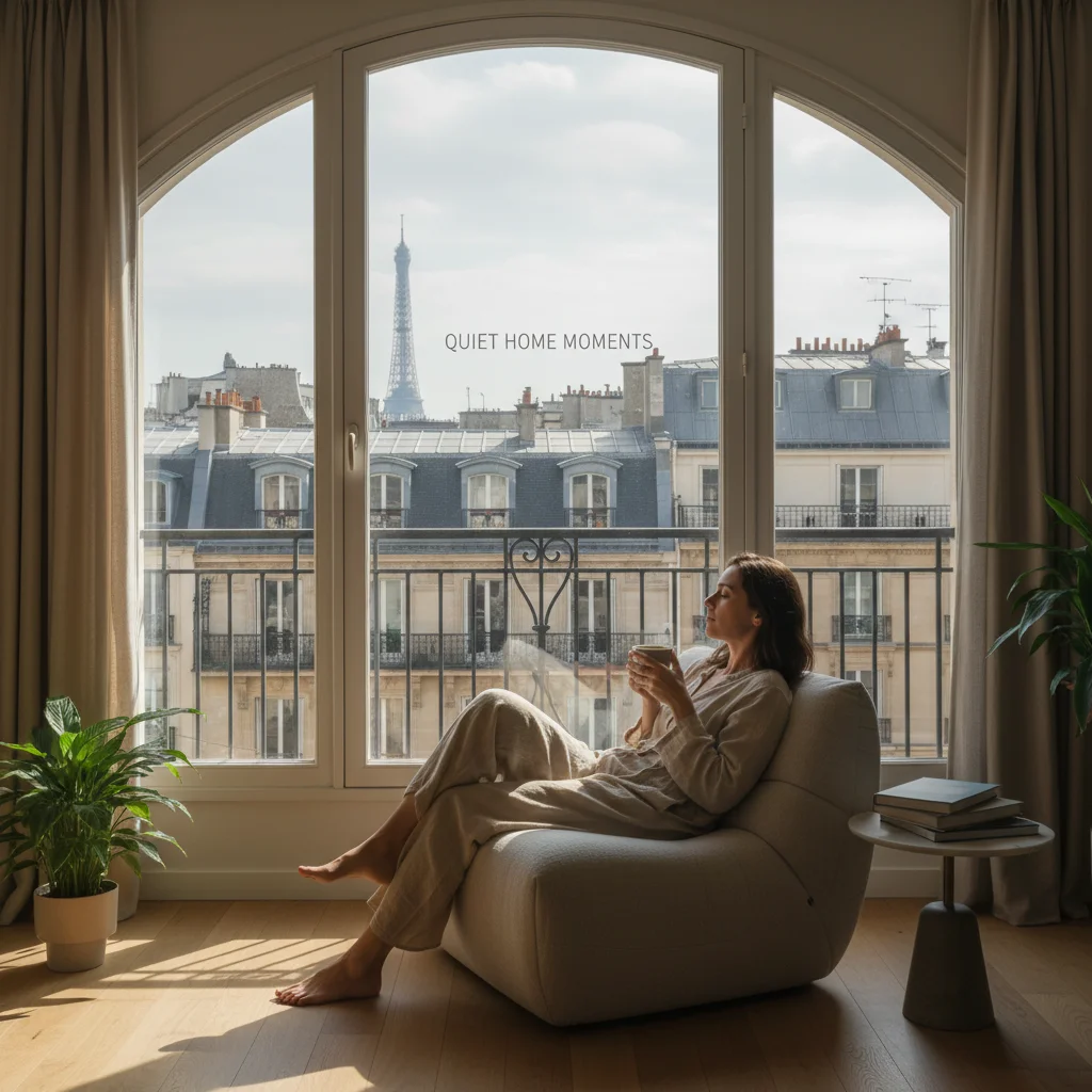 Personne assise calmement près d'une fenêtre dans un appartement français, observant la ville, trouvant la paix intérieure à la maison.