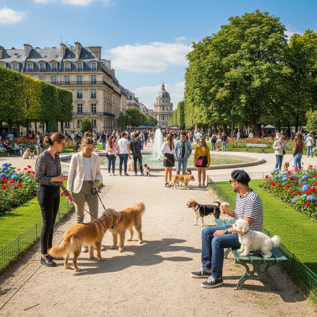 Propriétaires de chiens se promenant dans un parc urbain français, activités sociales