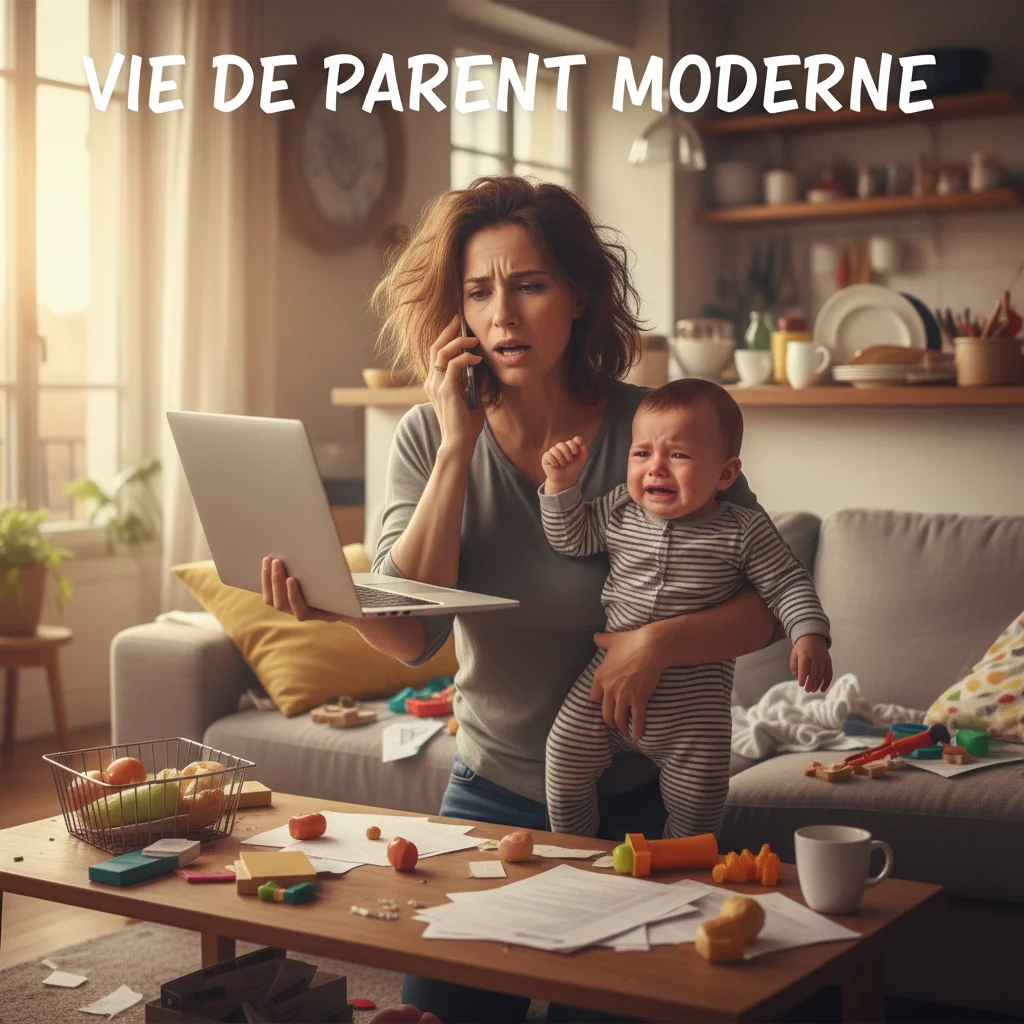 Parent français stressé jonglant entre travail, bébé et téléphone