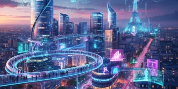 Paysage urbain futuriste de Paris avec des éléments technologiques, symbolisant l'innovation des startups françaises.