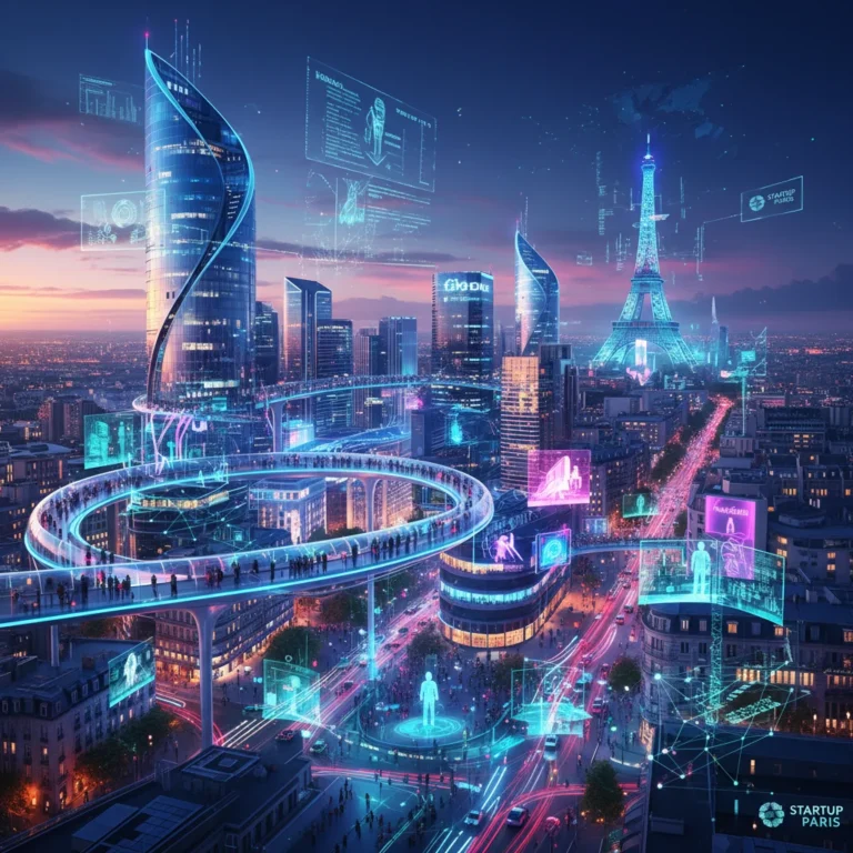 Paysage urbain futuriste de Paris avec des éléments technologiques, symbolisant l'innovation des startups françaises.