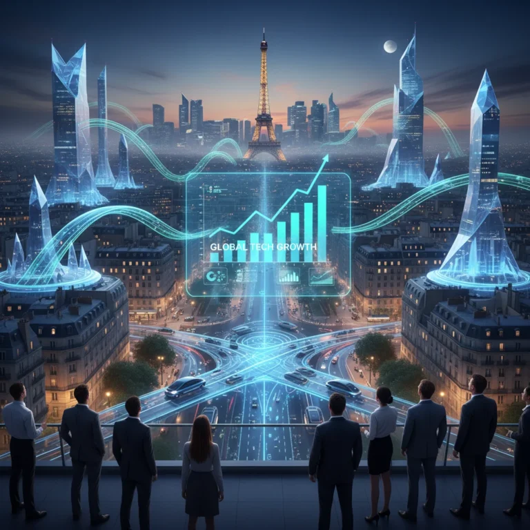 Paysage urbain futuriste de Paris, symbole de l'innovation technologique en France