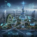 Technologies Disruptives France 2027 : Les 5 Innovations Clés qui Redéfiniront le Marché Paysage urbain futuriste de Paris avec des éléments technologiques avancés