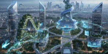 Paysage urbain futuriste de Paris avec des éléments technologiques avancés
