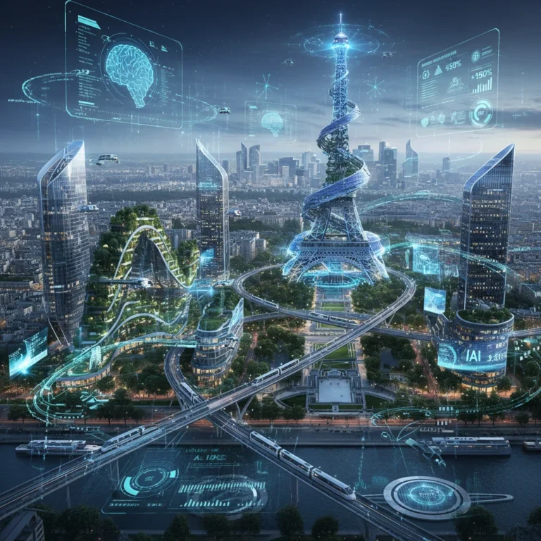Paysage urbain futuriste de Paris avec des éléments technologiques avancés