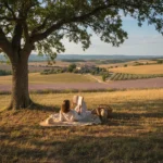 Détox Digitale Week-end : 3 Règles pour une Coupure Totale en France Paysage paisible de campagne française avec une personne lisant un livre, symbole de déconnexion numérique.