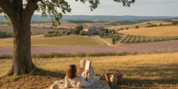 Paysage paisible de campagne française avec une personne lisant un livre, symbole de déconnexion numérique.