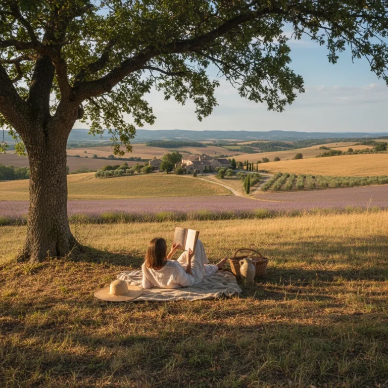 Paysage paisible de campagne française avec une personne lisant un livre, symbole de déconnexion numérique.