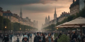 Paysage urbain français sous un ciel changeant, symbolisant l'impact du climat sur la société.