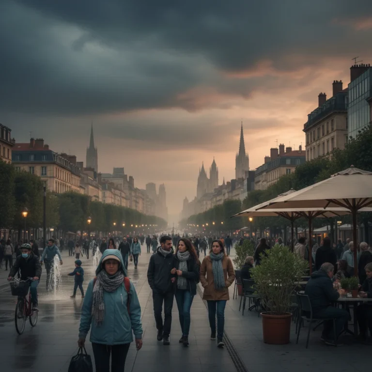 Paysage urbain français sous un ciel changeant, symbolisant l'impact du climat sur la société.