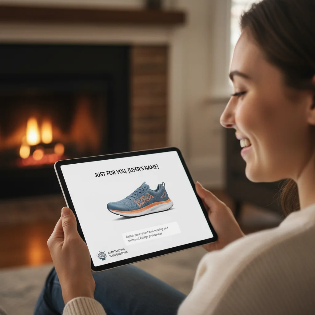 Expérience client personnalisée via l'IA générative sur une tablette, montrant des recommandations uniques.