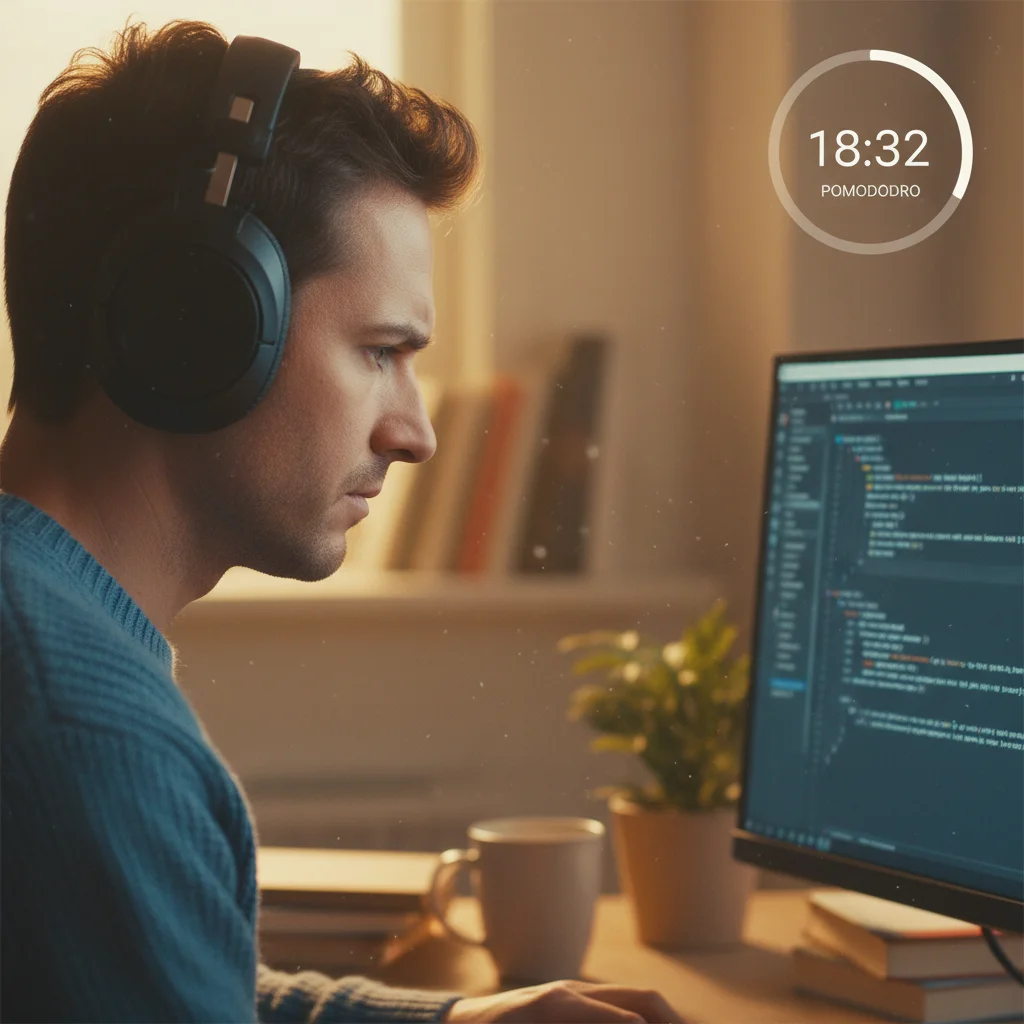 Personne concentrée travaillant sur ordinateur avec un minuteur Pomodoro numérique, symbolisant la productivité et la concentration intense.