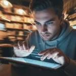 Illustration d'une personne lisant rapidement un livre ou une tablette, symbolisant l'efficacité de la lecture rapide.