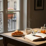 Morning Routines Françaises : Boostez Votre Journée de 15% avec 4 Habitudes Essentielles Scène de petit-déjeuner français paisible avec croissant, café et journal, lumière du matin.