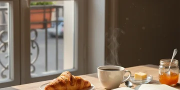 Scène de petit-déjeuner français paisible avec croissant, café et journal, lumière du matin.