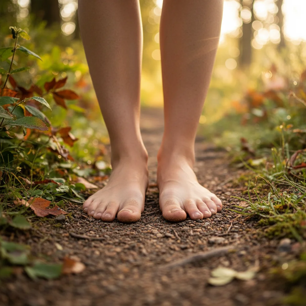 Pieds marchant sur un chemin naturel, symbolisant la connexion à la terre pendant la marche consciente.