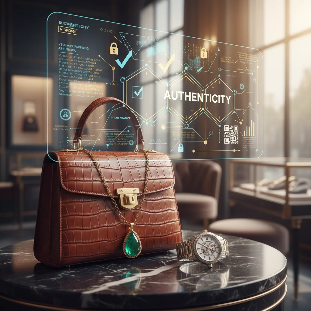 Produit de luxe avec icônes de vérification blockchain, garantissant l'authenticité et la provenance
