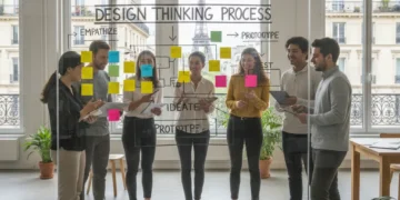 Professionnels collaborant sur une feuille de route d'innovation en France, utilisant la pensée design.