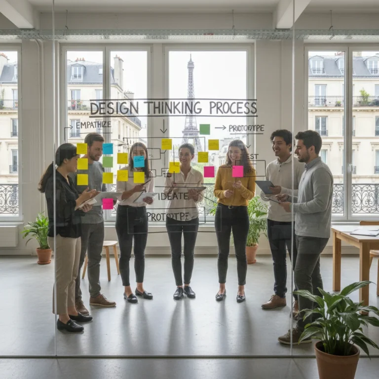 Professionnels collaborant sur une feuille de route d'innovation en France, utilisant la pensée design.