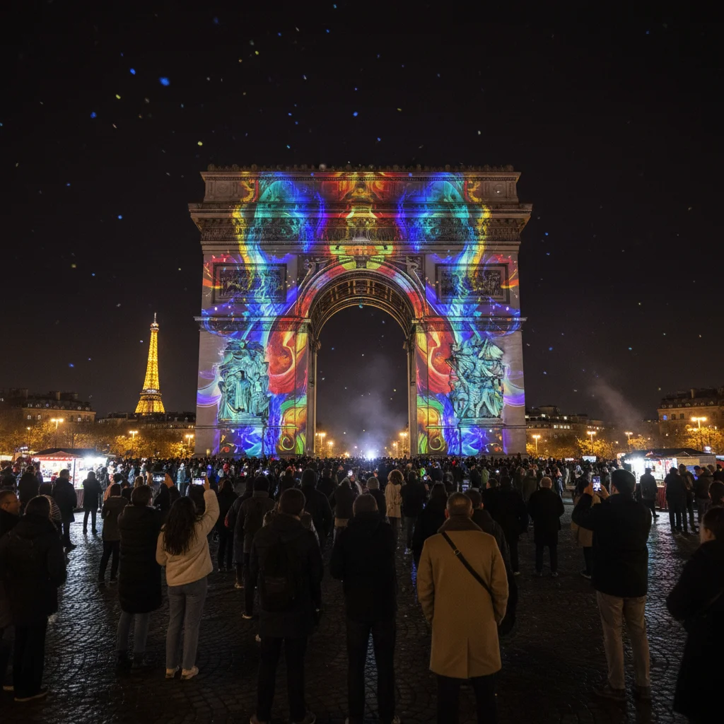 Projection d'art numérique monumentale sur un bâtiment historique français lors d'un festival nocturne.